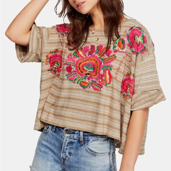 Free People Tops - Free People Catalunya Striped Embroidered Top. S